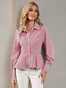 SHEIN BIZwear Striped Print Ruffle Hem Button Front Shirt - Red - View 4