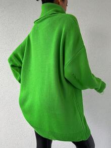 EURMUSE Jersey Largo Verde Brillante Para Mujer Con Diseño Desgastado Y Cuello Alto - Verde Lima - Ver 2