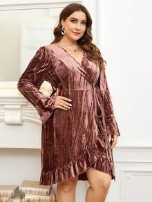SHEIN Franclia Talla grande Vestido de manga con volante ribete con fruncido cruzado con nudo lateral de terciopelo - Café integral - Ver 2