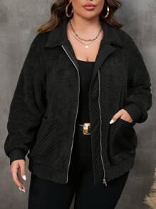 SHEIN LUNE Plus Dual Pocket Drop Shoulder Zipper Teddy Coat Winter Fall Autumn