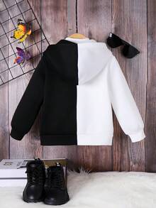SHEIN 女小童雙色蝴蝶和標語圖案連帽夾克 - 黑與白 - 查看 2