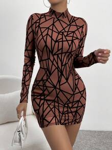 Chiquease Geo Print Mock Neck Bodycon Dress - Brown - View 1