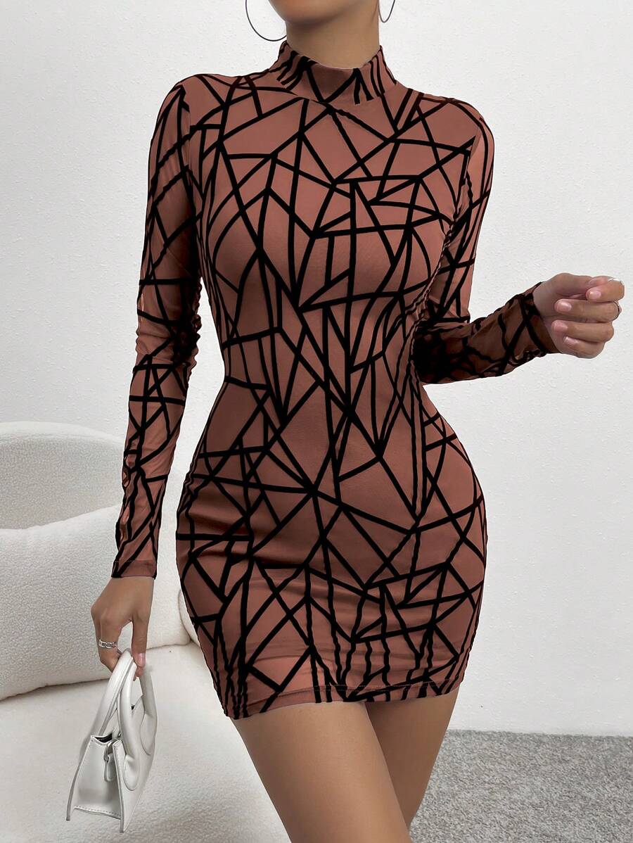Chiquease Geo Print Mock Neck Bodycon Dress - Brown - View 1
