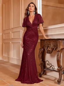 Plunging Neck Butterfly Sleeve Sequin Prom Dress - Burgundy - View 4