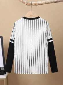 SHEIN 男大童條紋和字母圖案棒球領二合一襯衫 - 黑色 - 查看 2