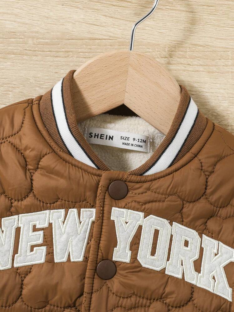 Baby Boy Letter Embroidery Striped Trim Quilted Varsity Coat