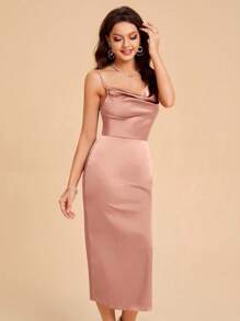 SHEIN Belle Draped Collar Split Back Satin Cami Dress Elegant Cocktail Semi Formal Prom Wedding Guest Dress, For Birthday, Graduation, Dinner, Homecoming Party Dress