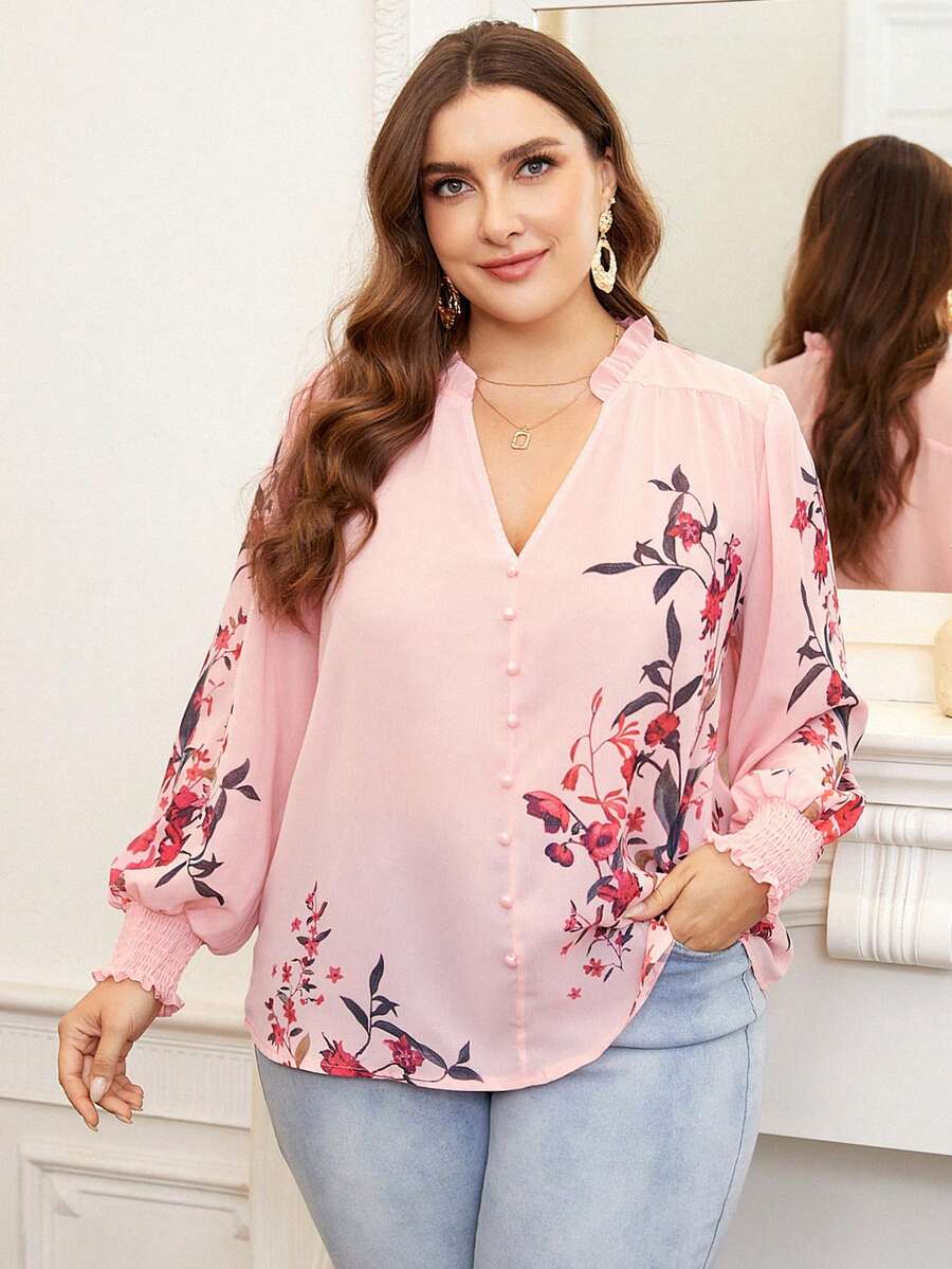 SHEIN Franclia Hơn In hoa Đường viền cổ có rãnh Tay áo lồng đèn Áo sơ mi - Nhiều màu - Xem 1
