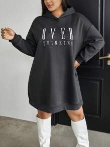 SHEIN Essnce Hơn Đồ họa Chữ cái Thả vai Đàm áo cánh có mũ - Xám - Xem 1