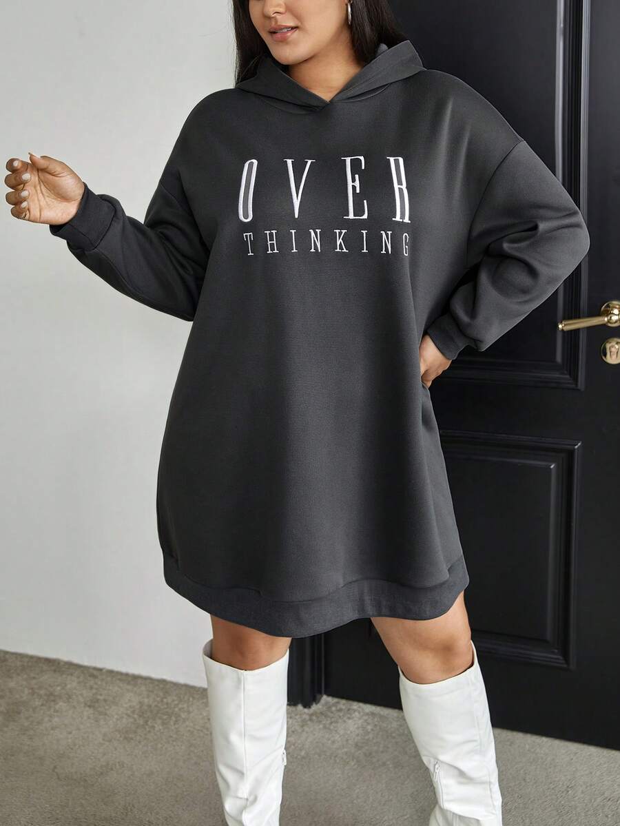 SHEIN Essnce Hơn Đồ họa Chữ cái Thả vai Đàm áo cánh có mũ - Xám - Xem 1