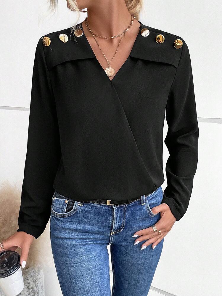 Button Detail Surplice Neck Blouse Fall Cloth For Women