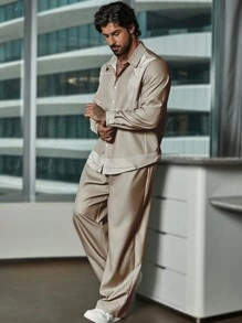 Manfinity Homme Hombres talla grande Camisa unicolor con botón con pantalones - Caqui - Ver 4