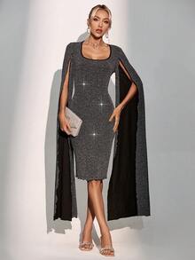 SHEIN Privé áo tay cánh Long lanh Váy bodycon - Xám - Xem 5