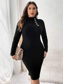SHEIN Clasi Plus Size Faux Button Bodycon Dress - Black - View 4