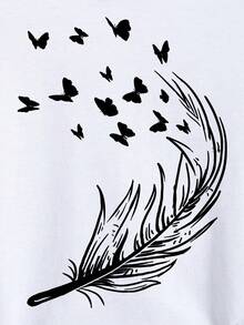 SHEIN LUNE Butterfly & Feather Print Tee - White - View 3