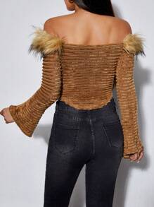 SHEIN PETITE Off Shoulder Trang trí Fuzzy Áo thun - Lạc đà - Xem 2