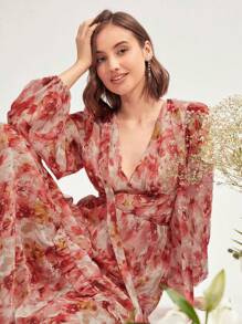 Enchnt Women Deep V-Neck Lantern Sleeve Dress With Ruffle Hem, Cinching Waist, Perfect For Vacation