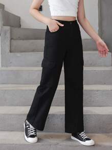 女大童側翻蓋口袋工裝牛仔褲 - 黑色 - 查看 3