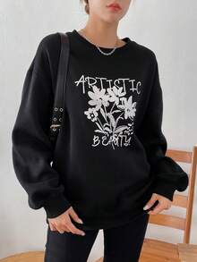 DAZY Floral & Letter Graphic Drop Shoulder Thermal Lined Sweatshirt - Black - View 4
