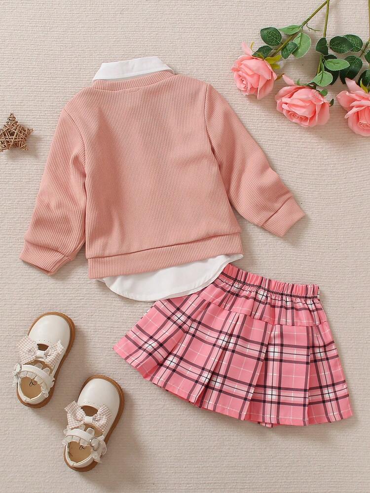 Baby Girl Solid Sweatshirt & Shirt & Plaid Print Pleated Skirt