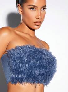 SHEIN BAE 素色毛茸茸抹胸上衣 - 藍色 - 查看 6