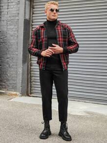 RueChic Men Plaid Print Raglan Sleeve Jacket - Red - View 6