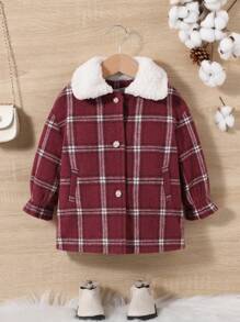 SHEIN 女嬰格紋印花羊絨領口荷葉袖花呢外套