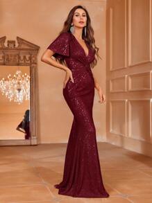 Plunging Neck Butterfly Sleeve Sequin Prom Dress - Burgundy - View 3