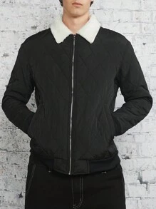 Manfinity VCAY Loose Fit Men's Borg Collar Zip-Up Quilted Coat, For Fall Winter - Black - View 1