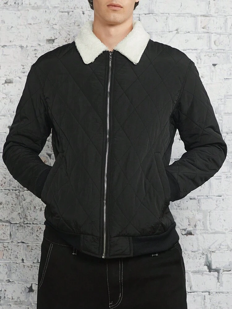 Loose Fit Men's Borg Collar Zip-Up Quilted Coat, For Fall Winter