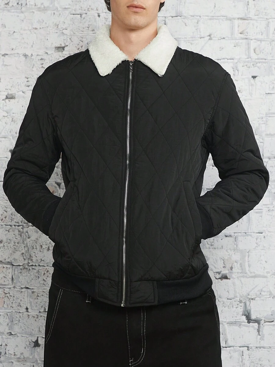Manfinity VCAY Loose Fit Men's Borg Collar Zip-Up Quilted Coat, For Fall Winter - Black - View 1