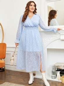 SHEIN Franclia Plus Surplice Neck Flounce Sleeve Dress - Blue - View 4