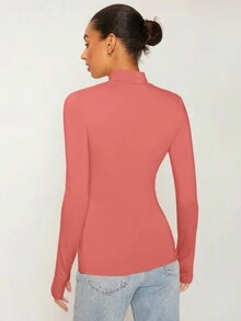 SHEIN BASICS 素色小高領拇指孔T恤 - 藕粉色 - 查看 2