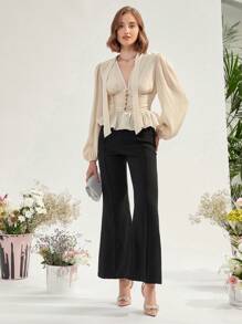 Enchnt High Waist Flare Leg Pants - Black - View 5