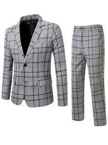 Manfinity Mode 男士格紋單排釦西裝外套和褲子套裝套裝 - 灰色 - 查看 8