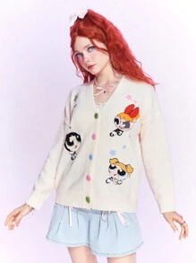 The Powerpuff Girls | ROMWE 卡通圖案落肩袖前紐扣開襟衫 - 杏色 - 查看 5