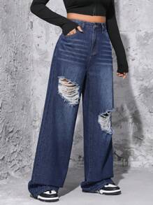 SHEIN Ripped Wide Leg Jeans - Dark Wash - View 7