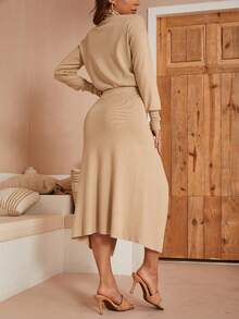 Simplee High Waist Tie Side Wrap Skirt - Khaki - View 2