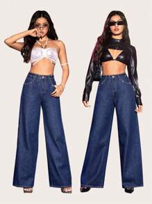 SHEIN 高腰珍珠串珠闊腿牛仔褲 - 深色水洗藍 - 查看 6