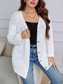 Calvaya Plus Pointelle Knit Drop Shoulder Button Front Cardigan - White - View 5