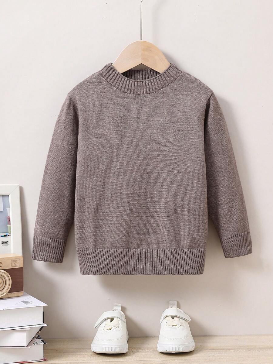 SHEIN Chàng trai trẻ Chất rắn Vòng cổ Áo len - Cà phê nâu - Xem 1