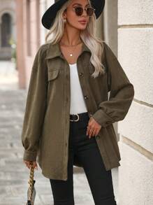 SHEIN LUNE Flap Detail Drop Shoulder Suedette Coat - Army Green - View 4