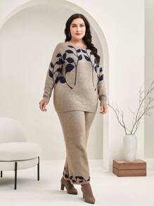 Mulvari Plus Plants Pattern Drop Shoulder Sweater & Knit Pants - Khaki - View 5