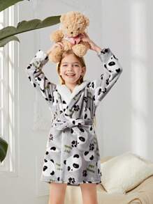 SHEIN Cô gái Tween Hình ảnh Panda & Chữ cái áo có mũ Thắt lưng Flannel Áo choàng ngủ - Màu Xám nhạt - Xem 3
