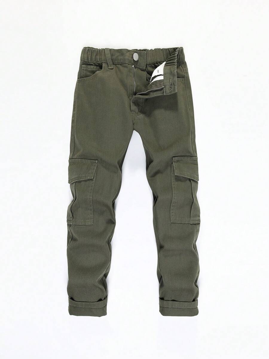 SHEIN Tween Boy Casual Campus Style Denim Jogger Pants With Waist Drawstring Summer Holiday - Army Green - View 1