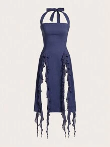 SHEIN ICON 素色荷葉邊高衩繞頸洋裝 - 藍色 - 查看 1