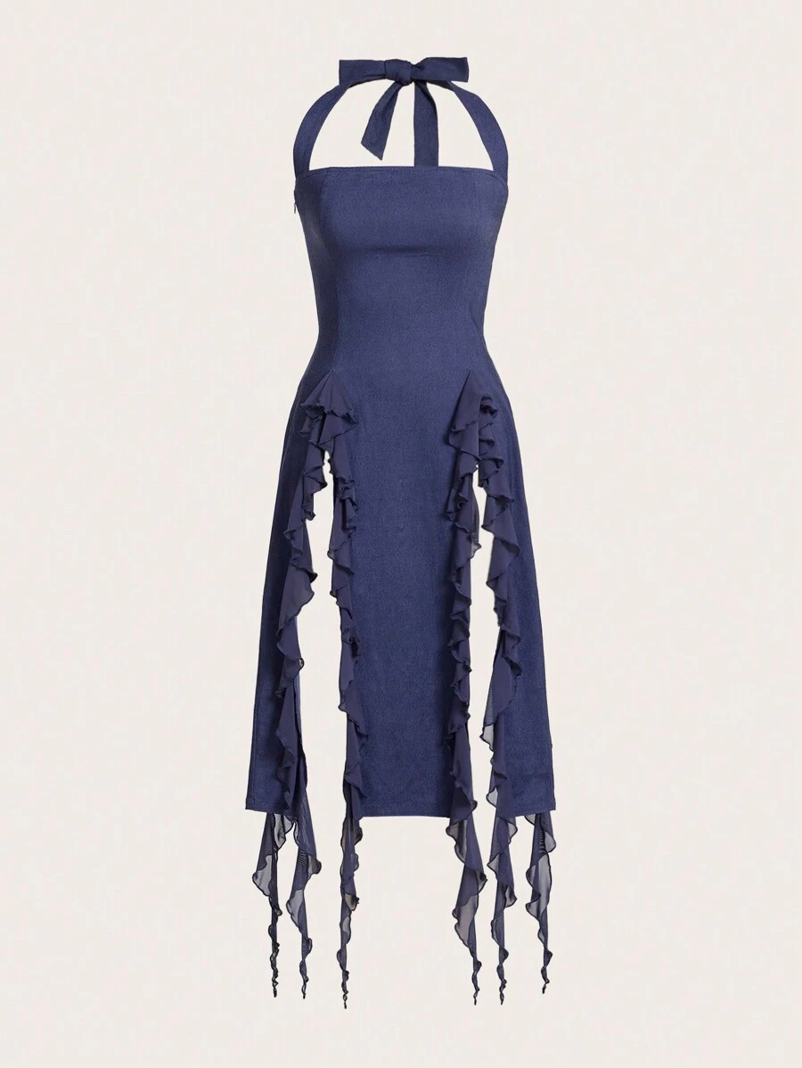 SHEIN ICON 素色荷葉邊高衩繞頸洋裝 - 藍色 - 查看 1