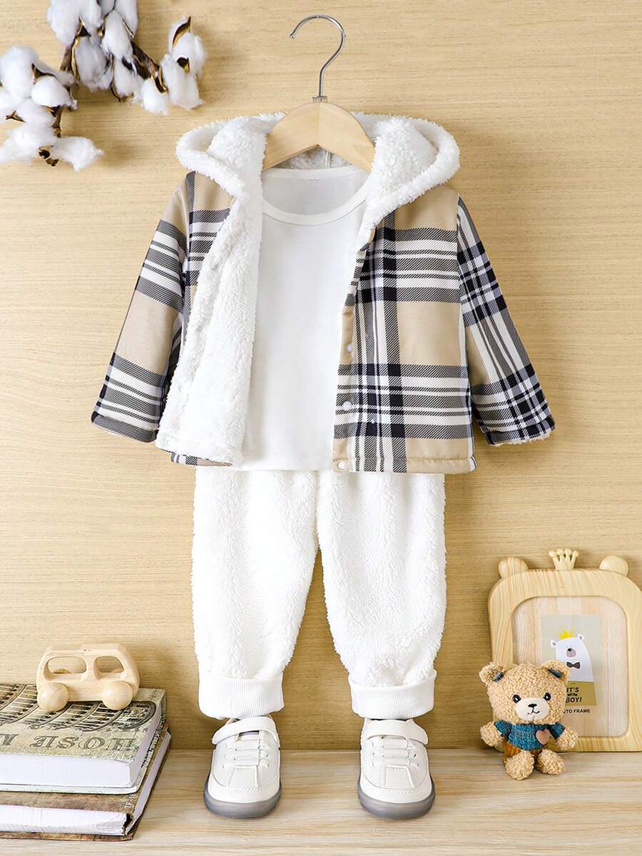 SHEIN 2入組男童休閒學院風暖和厚實絨面料外套和長褲套裝,適用於嬰兒