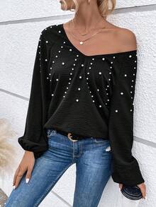 SHEIN Essnce Pearls Beaded Lantern Sleeve Blouse - Black - View 6