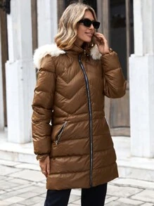 RueChic Women'S Hooded Padded Jacket With Collar - Brown - View 4
